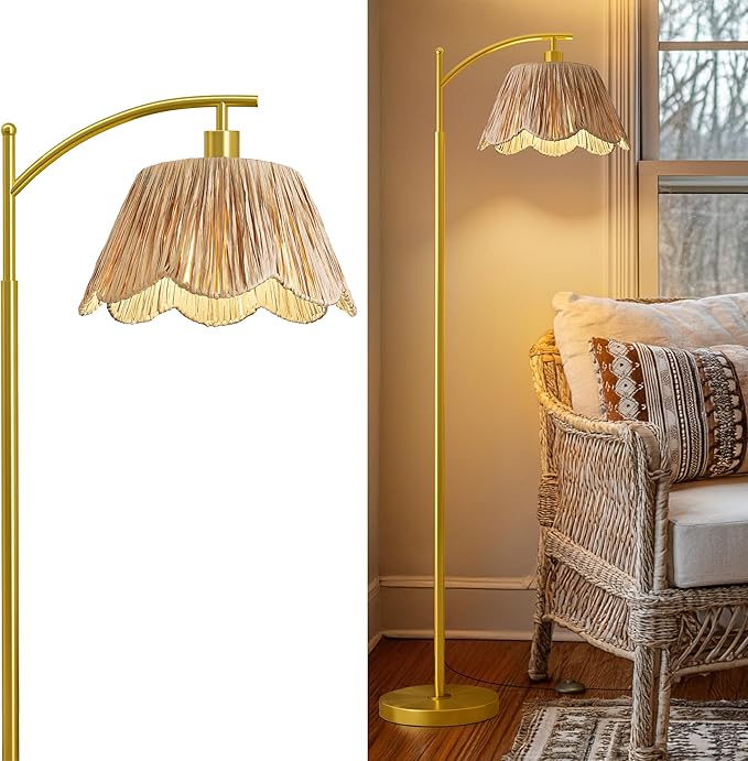 Oneach Arc Floor Lamp for Living Room,Rattan Boho Floor Lamp with Hand-Woven Shade, Foot Switch,Gold Metal Base & Pole,Farmhouse Standing Lamp for Bedroom Corner,Reading