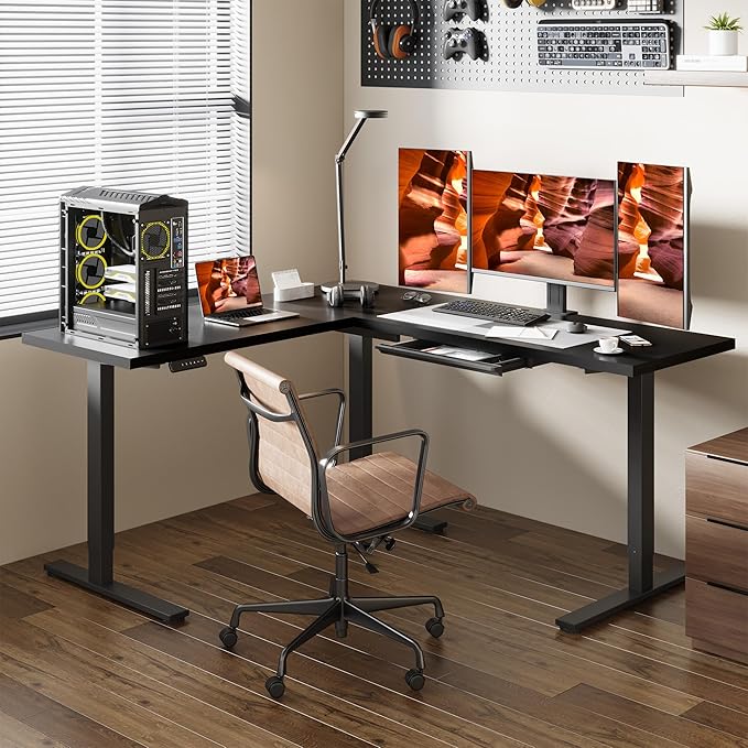 L-Shaped Standing Desk, 71 x 63 Inches Height Adjustable Desk with Storage, Sit and Stand up for Work Office Home, Ergonomic Rising Computer Table for Home Office with Splice Board, Black