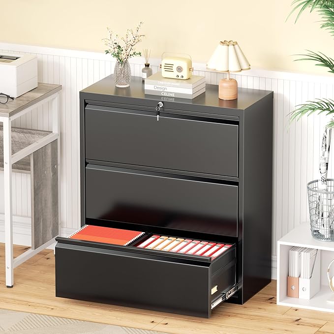 Greenvelly Lateral File Cabinet 3 Drawer, Lockable Metal Filing Cabinet for Home Office, Black Metal File Cabinet with Lock for Legal/Letter/A4/F4 Size with Hanging Bars&Key