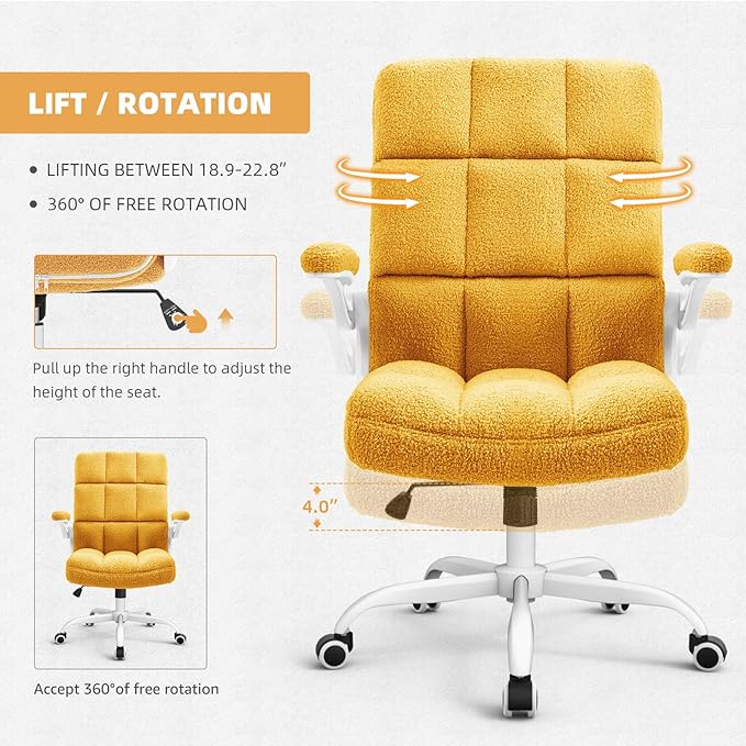 SEATZONE Comfy Office Chair,Yellow Small Desk Chair with Flip-up Armrests Adjustable Swivel Computer Chair for Home,Office,Bedroom