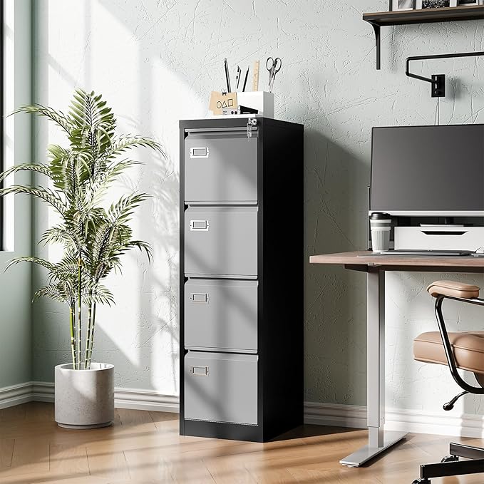 Metal Vertical File Storage Cabinet, 4 Drawer File Cabinet with Lock, 18" Deep Vertical Filing Cabinets for A4 Legal/Letter Size, Assembly Required (4 Drawer - Gray Black)