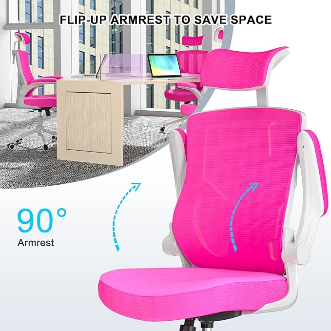 Ergonomic Office Chair with Adjustable Headrest & Lumbar Support - High Back Desk Chair with Flip-Up Arms, 360 Swivel Executive Computer Task Chair (Modern, Neon Pink)