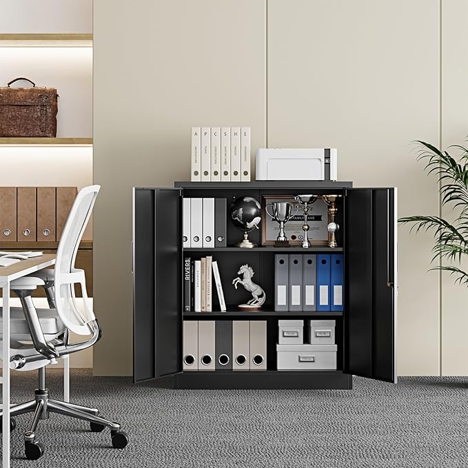 Yizosh Metal Garage Storage Cabinet with 2 Doors and 2 Adjustable Shelves - 35.5" Steel Lockable File Counter Cabinet for Home Office,Garage,Gym,School(Black)