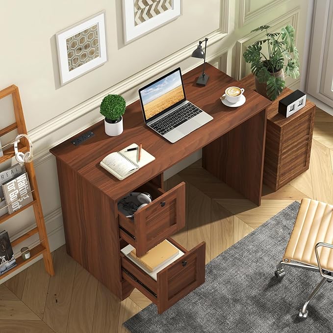 Tangkula Computer Desk with Drawers & Charging Station, Wooden Home Office Desk PC Laptop Notebook Desk, Compact Study Desk Writing Desk, Computer Workstation Ideal for Home & Office
