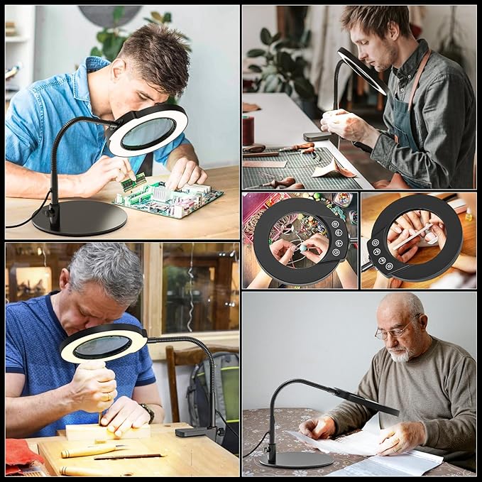 10X 15X Magnifying Glass with Light and Stand, 5 LED Color Modes Stepless Dimmable, Flexible Gooseneck Lighted Magnifying Glass with C-Clamp and Mental Base for Craft Close Work Sewing Reading