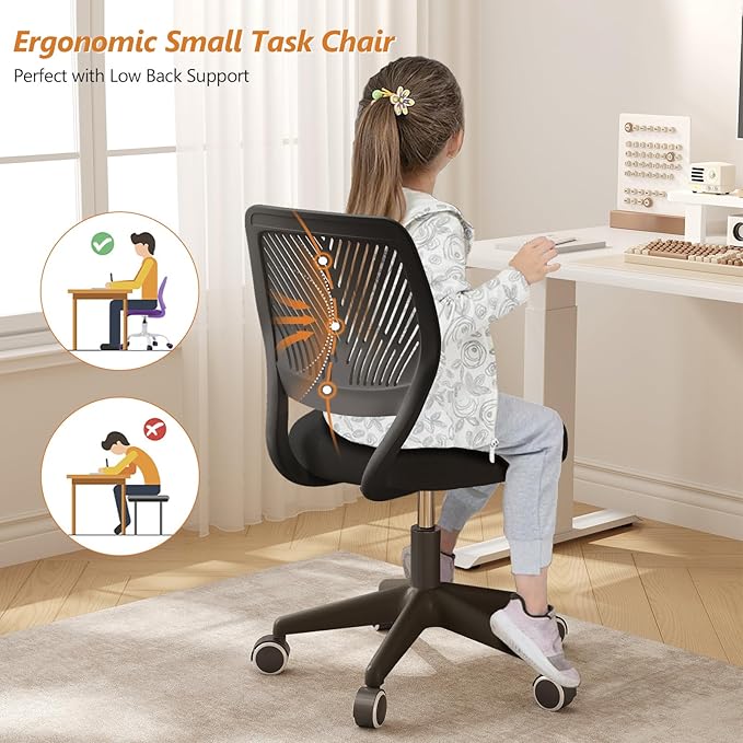 Armless Desk Chair, Height Adjustable Swivel Office Rolling Task Chairs with Soft Mesh Padded Cushion, Ergonomic Small Study Computer Chair for Girls Boys Teens (Black, 4PCS)
