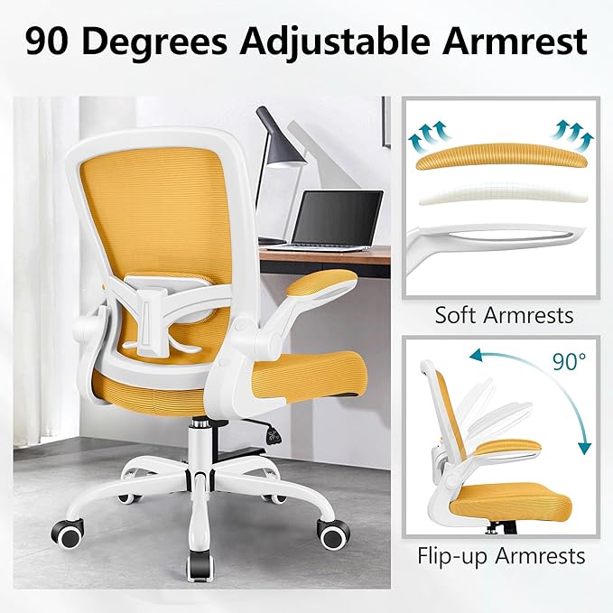 FelixKing Office Chair, Ergonomic Desk Chair Breathable Mesh Chairs Adjustable High Back Lumbar Support Flip-up Armrests, Executive Rolling Swivel Comfy Computer Chairs Home Office Yellow