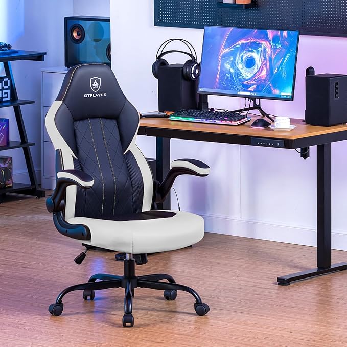 GTPLAYER Video Gaming Chair,Ergonomic Gaming Chair with Flip-Up Armrests,Comfortable Desk Chair with Adjustable Height,Computer Chair with Built-in Lumbar Support, Recliner with 360° Swivel (White)