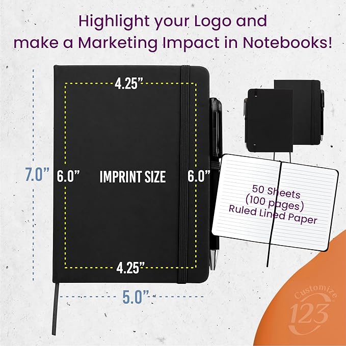 Personalized Notebook Journal – 5” x 7” Customized Notebook with Name, Text or Logo - 100 Page Custom Journal. Leatherette Hardcover & Pen - Black 75 Pack