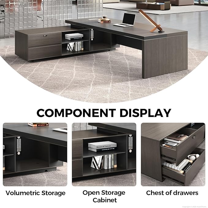 Reversible L Shaped Executive Desk with Drawers, Storage Cabinets, Power Box & Storage Shelves – Modern Office Desk with Privacy Panel (Obsidian Grey+Mocha Walnut, 79" L * 65" W * 30" H)