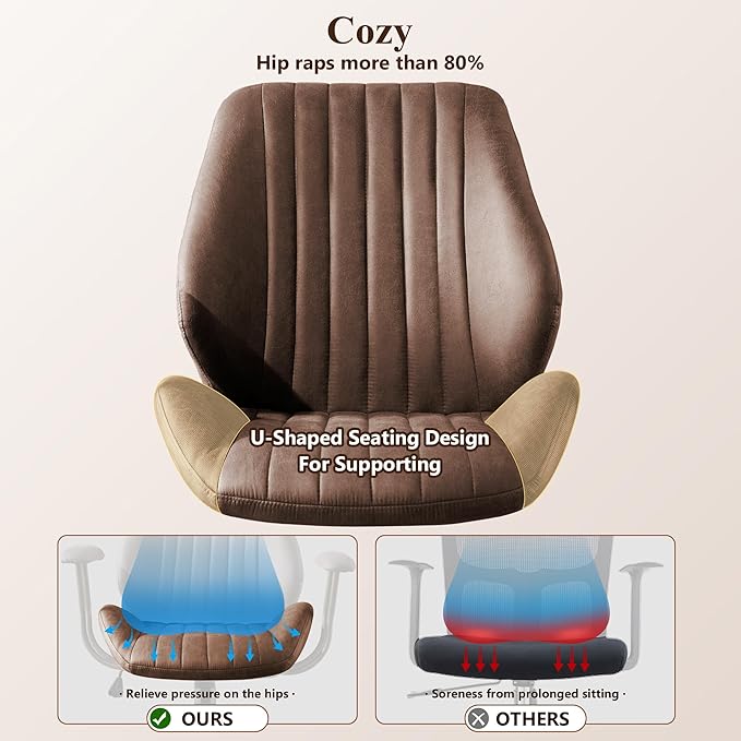 Mid Century Modren Office Chair,High Back Ergonomic Executive Chair with Lumbar Support, Computer Desk Swivel Task Chair with Wheels, Faux Lether Suede Fabric Home Chair (Dark Brown, Mid Back)