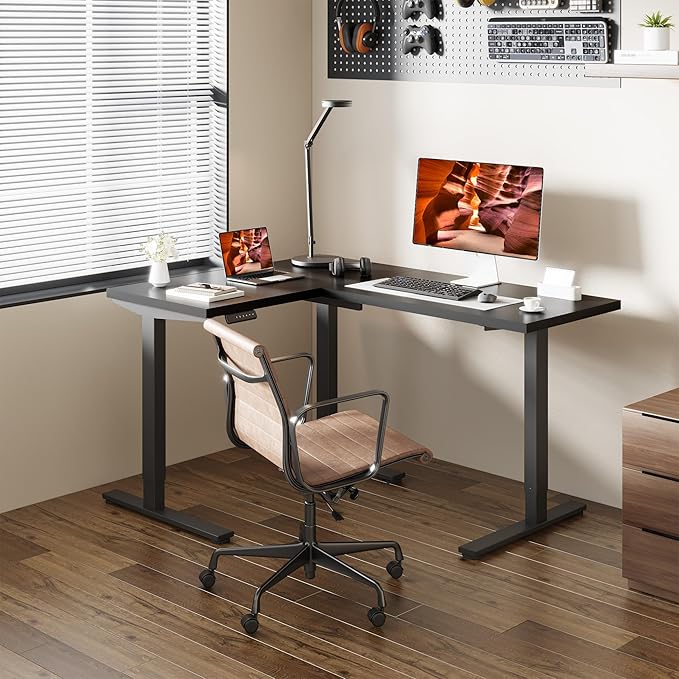 L-Shaped Standing Desk, 63 x 47 Inches Height Adjustable Desk, Sit and Stand up for Work Office Home, Ergonomic Rising Computer Table for Home Office with Splice Board, Black