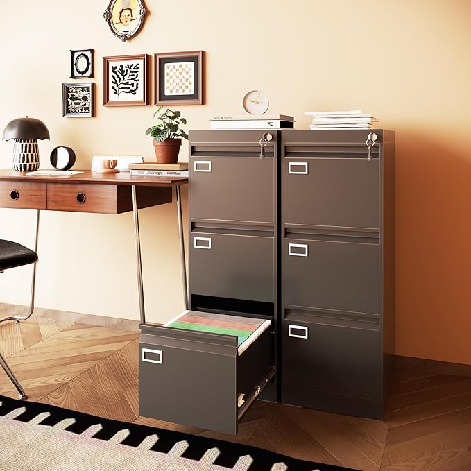 3 Drawer Metal File Cabinet with Lock, Small Locking Filing Cabinets, Vertical File Cabinet with Key, Black Under Desk Filing Cabinets for Home Office