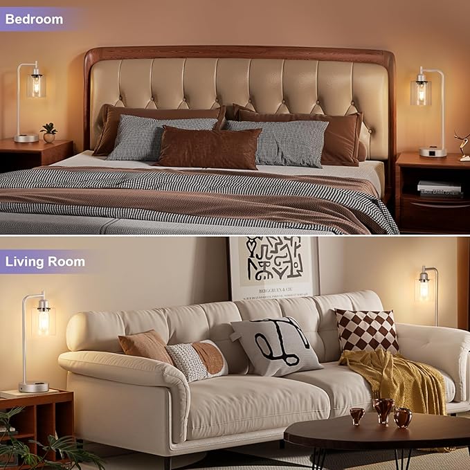 Industrial Touch Table Lamps for Bedrooms Set of 2 - 3-Way Dimmable Lamps with USB C+A Ports and Outlet, Champagne Gold Bedside Lamps with Clear Glass Shade for Living Room, Desk Lamps for Home Office
