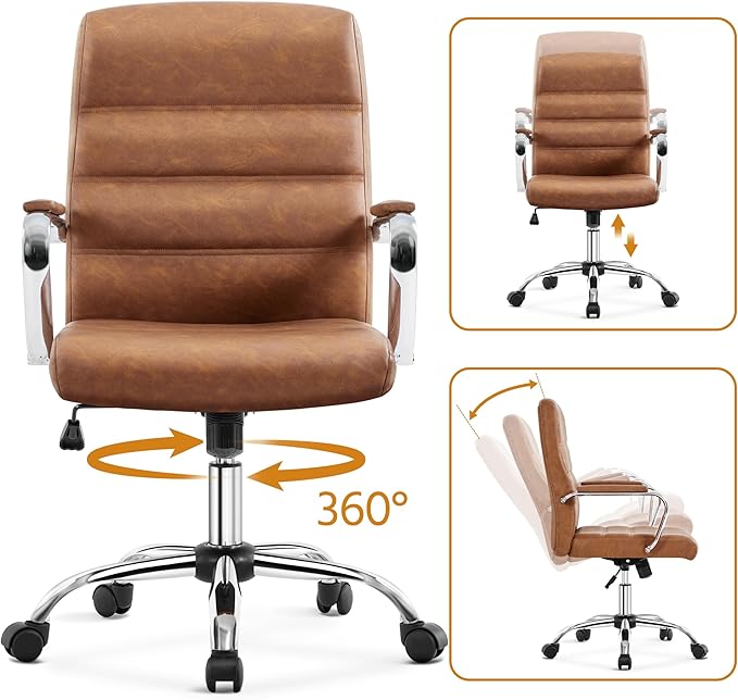 Yaheetech Mid-Back Office Chair with Arms Swivel PU Leather Height Adjustable Office Executive Chair, Retro Brown