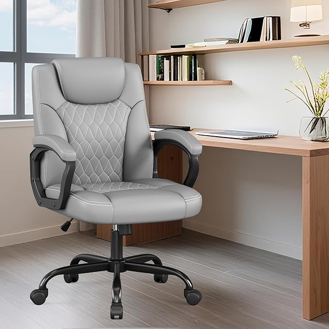 Misolant Office Chair, Executive Desk Chair, PU Leather Comfortable Ergonomic Chairs with Fixed Armrest, Adjustable Height, Rocking Function, 360° Swivel Wheels, Gray