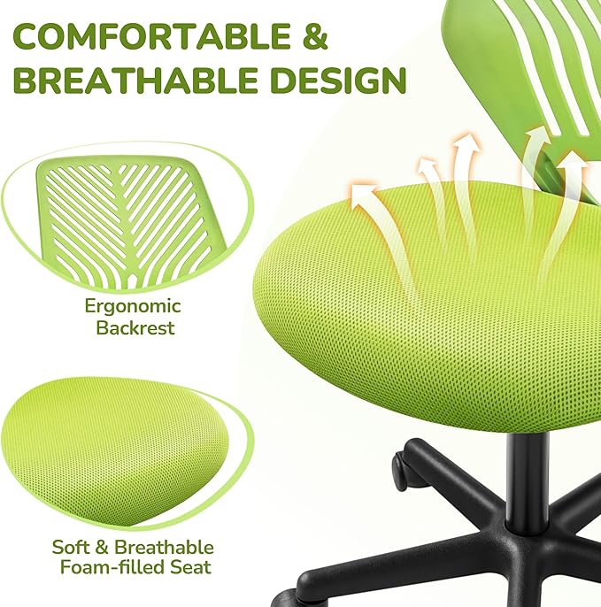Yaheetech Kids Cute Desk Chair Armless Small Computer Chair with Lumbar Support for Teens Low-Back Bedroom School, Green