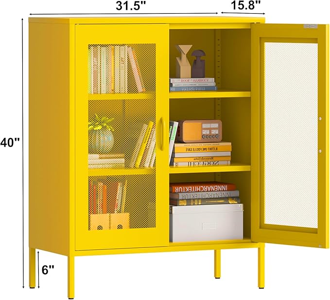 Yellow Metal Storage Cabinet with Mesh Doors, Office Metal Locker Cabinet, Metal Display Cabinet with 2 Adjustable Shelves for Home, Office, Kitchen