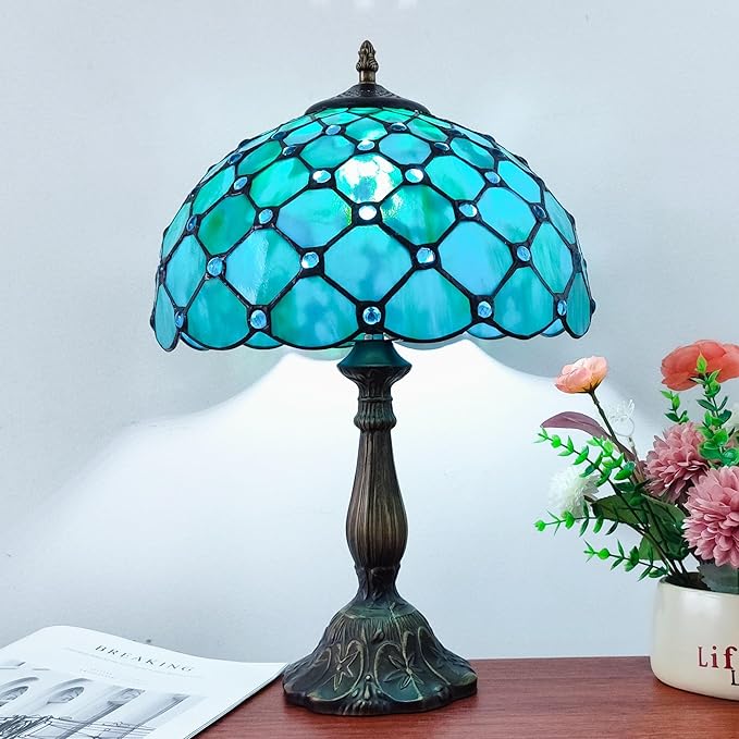 Tiffany Lamp Stained Glass Table Lamp Antique Bedside Desk Reading Light 3-Way Color LED Living Room Nightstand Light 12X12X19 Inches Home Office Desk Light