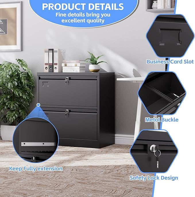 Aobabo 2 Drawer Lateral File Cabinet, Lockable Metal Filing Cabinet with Name Card, Suitable for Home Office School Hanging Files Letter/Legal/F4/A4 Size,Required-Assembly,Black