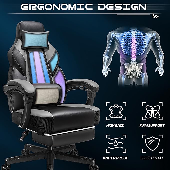 Meilocar Gaming Chair for Adult, Computer Chair with Footrest Video Game Chair Big and Tall Gaming Chair with Massage Lumbar Support, 360° Swivel Seat and Height Adjustable(Grey)