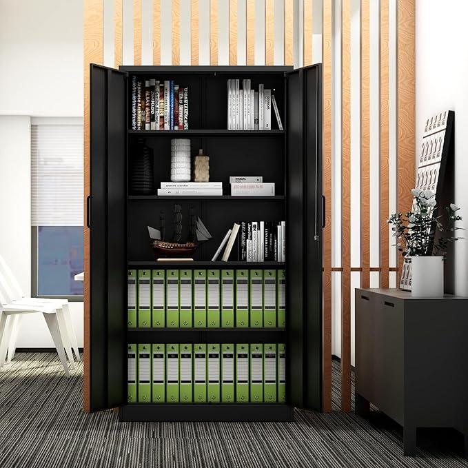 Metal Storage Cabinet-71” Tall Steel File Cabinets with Lockable Doors and Adjustable Shelves-Black Steel Storage Cabinet for Home, School, Office, Garage