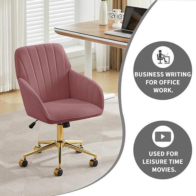 YISHENG Velvet Office Desk Chair with Gold Base, with Wheels,Modern Height Adjustable 360 Degree Swivel Upholstered Vanity Chairs with Arms for Living Room Bedroom,Rose