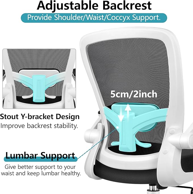FelixKing Office Chair, Ergonomic Desk Chair Breathable Mesh Chairs Adjustable High Back Lumbar Support Flip-up Armrests, Executive Rolling Swivel Comfy Computer Chairs Home Office White