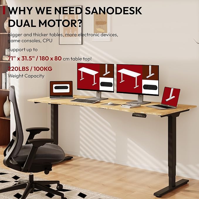 Standing Desk 3 Stages Dual Motor 72 inch Whole-Piece Real Bamboo Desktop Height Adjustable Desk for Home Office Stand Up (Black Frame/ 72" Curved Natural Bamboo Top)
