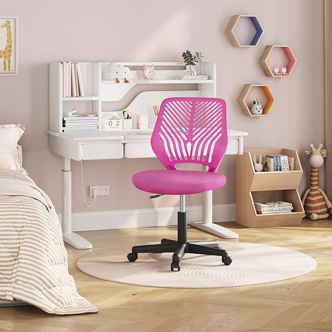 Yaheetech Students Cute Desk Chair Low-Back Armless Study Chair w/Lumbar Support Adjustable Swivel Chair in Home Bedroom School, Rose Red