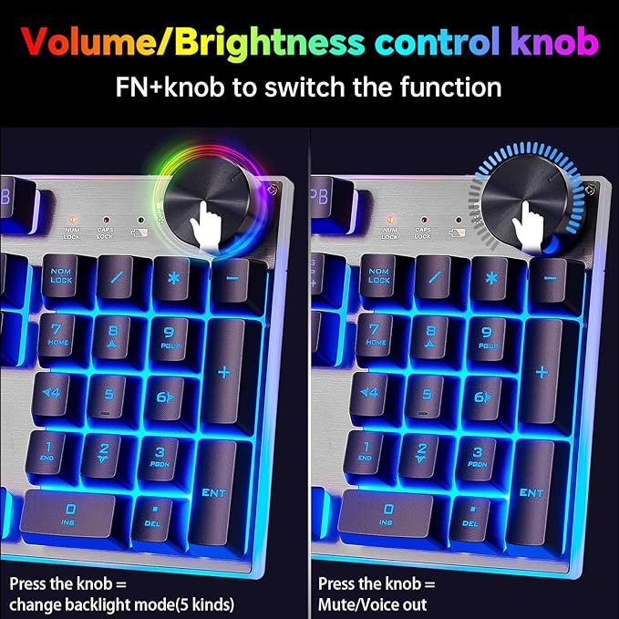 Wireless Gaming Keyboard with knob and Mouse Combo USB Dongle 2.4G Rechargeable 3000mAH Battery RGB Backlit Stainless Panel 4200DPI Side Button Mice for PC Laptop Compatible with Windows 8/9/10 MacOS