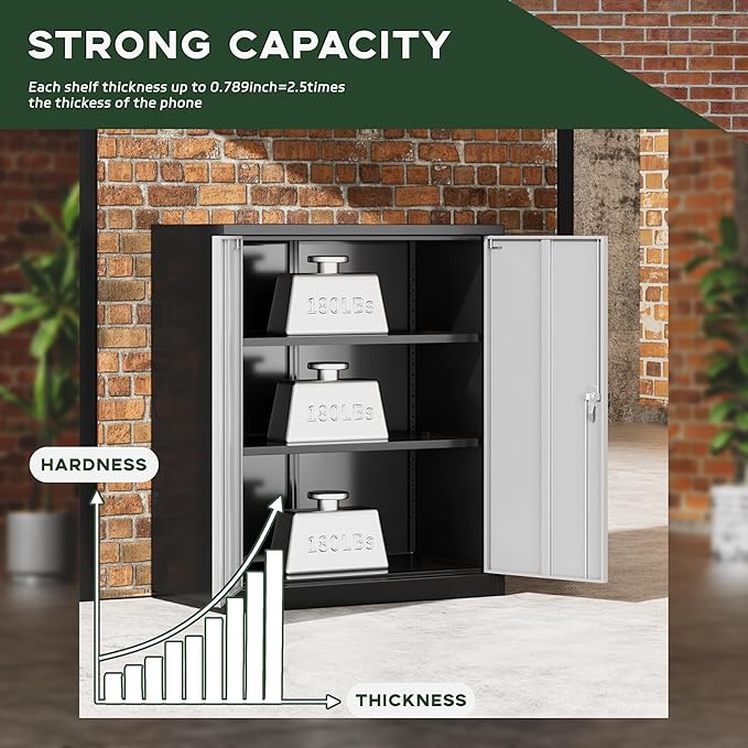 Greenvelly Metal Cabinet, 36" Locking Storage File Cabinet with Doors and Shelves for Office,Home,Gym,School,Kitchen(Black Grey)
