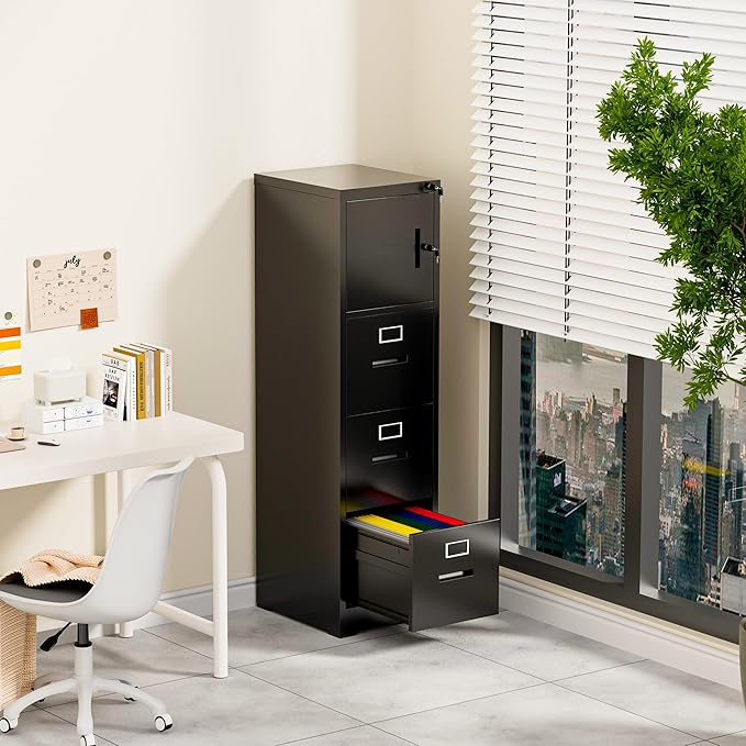 Vertical File Cabinet with 3 Drawers and 1 Door, Metal Filing Cabinet for Home Office, Lockable File Cabinets with Keys for Legal/Letter Size Hanging File Folders, Assembly Required, Black