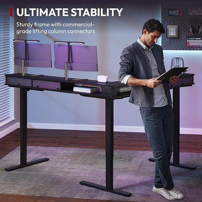 SANODESK 71" L Shaped Standing Desk with 4 Drawers, Height Adjustable Stand up Desk, Corner Gaming Desk with Monitor Stand, Black Frame/Black Top