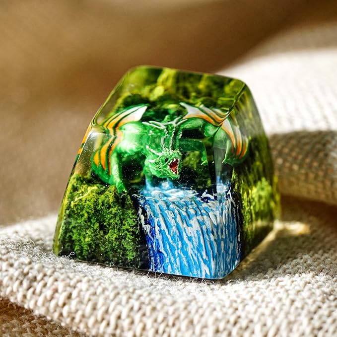 Green Dragon with Waterfall Artisan Keycap R1 SA Profile Custom Fantasy Dragon Keycaps 1U ESC Handmade Gaming Resin Key Cap Cherry MX Switch Compatible Mechanical Keyboard Gift for Dragon Lover