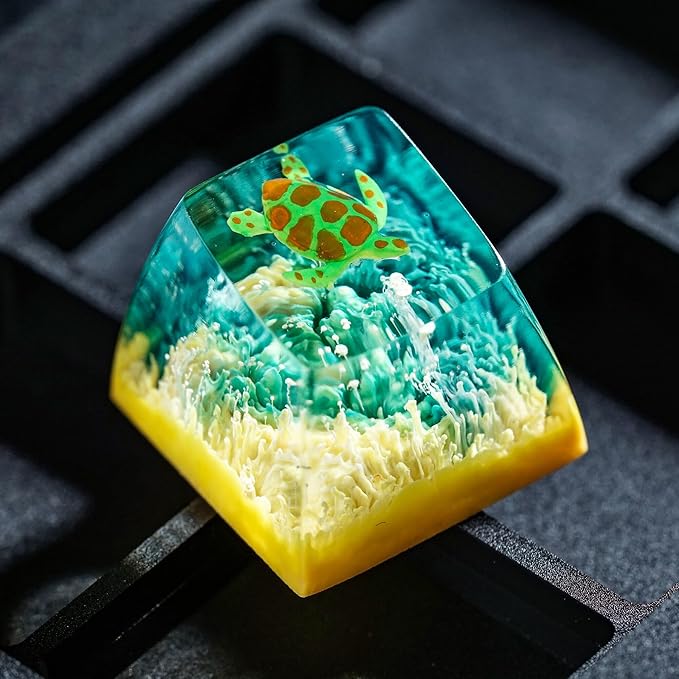 Sea Turtle Artisan Keycap Light Yellow Green Coral R1 SA Profile Custom Sea Creatures Keycaps 1U ESC Handmade Gaming Resin Key Cap Cherry MX Switch Compatible Mechanical Keyboard Turtle Lover Gift