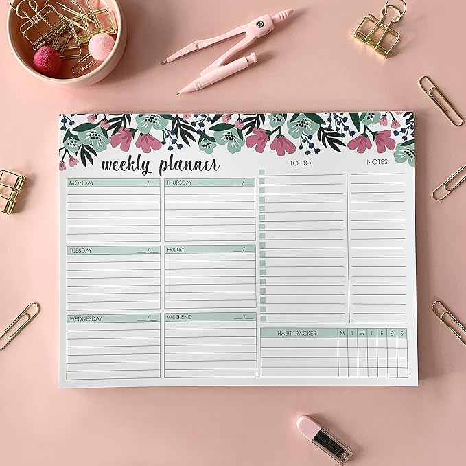 Weekly Planner Pad, 52 Letter Size Tear Off Sheets, 8.5” x 11” Undated Calendar Weekly Desk Planner Notepad, Daily Schedule Priorities To Do List for Week (Style 1)