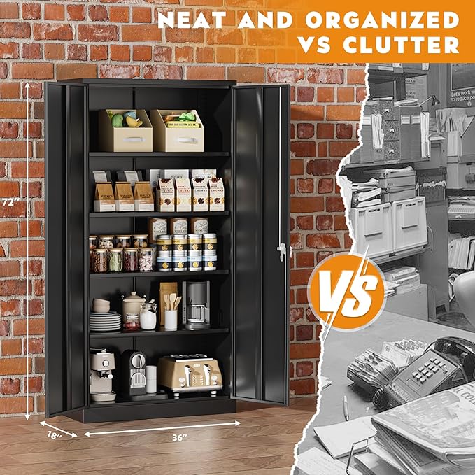 Greenvelly Steel SnapIt Storage Cabinet, 72" Locking Metal Garage Storage Cabinet with 4 Adjustable Shelves, 2 Doors and Lock for File, Office, Garage, Home (Black)