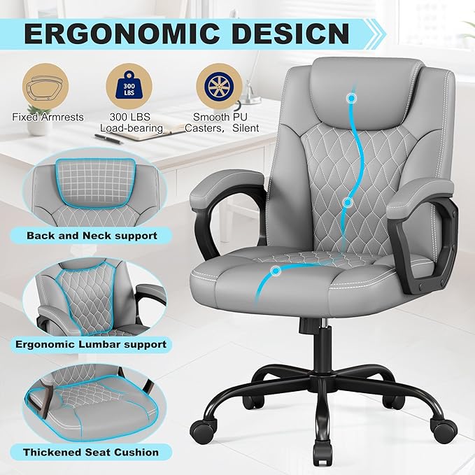 Misolant Office Chair, Executive Desk Chair, PU Leather Comfortable Ergonomic Chairs with Fixed Armrest, Adjustable Height, Rocking Function, 360° Swivel Wheels, Gray