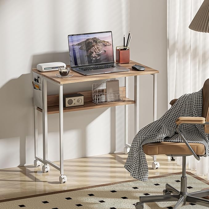HOMCOM Small Folding Desk, Rolling Computer Desk Foldable with Storage Bag and Shelf, 31.5" Portable Writing Table on Wheels for Small Spaces, Home Office, Study, Easy Assembly, Natural Wood