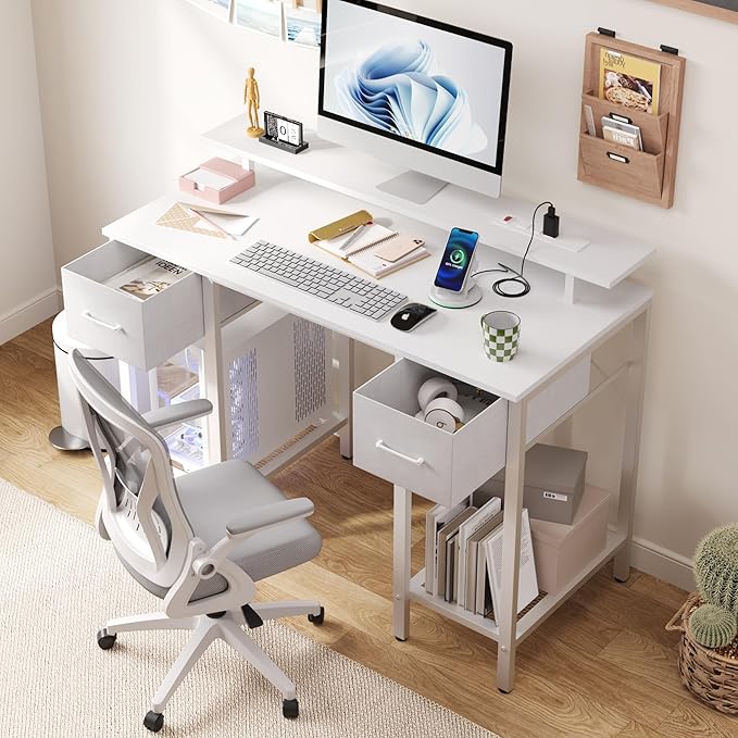 White Computer Desk with Drawers, 42 Inch Home Office Desk Study Writing Table, Gaming Desk with USB Power Outlets, Office Desk with Fabric Drawer, Work Table with Shelf for Bedroom, White