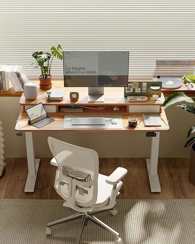 FEZIBO 60 x 24 Inch Height Adjustable Electric Standing Desk with Double Drawer, Computer Desk, Home Office Stand Up Table with 4 Height-Adjustable Feets & 2 Hooks, Light Rustic