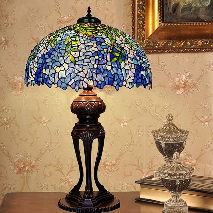 Tiffany Lamp Table Lamp Rose Dragonfly Tulip Wisteria Grape Peach Kapok Peony Apple Flower Design Stained Glass Lampshade Desk Lamp for Girl Living Room Iron Base W20 XH32,Wisteria