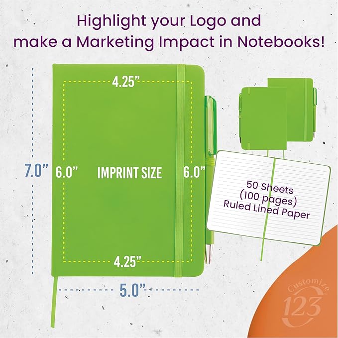 Personalized Notebook Journal – 5” x 7” Customized Notebook with Name, Text or Logo - 100 Page Custom Journal. Leatherette Hardcover & Pen - Lime 150 Pack