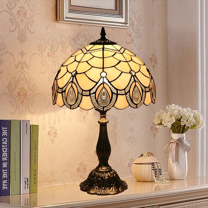 Tiffany Style End Side Table Lamps, Modern Bedside Nightstand Stained Glass with Crystal Large Farmhouse Table Lamp for Bedroom,Living Room Home Office Desk Lamp+LED Bulb,12X12X20INCH