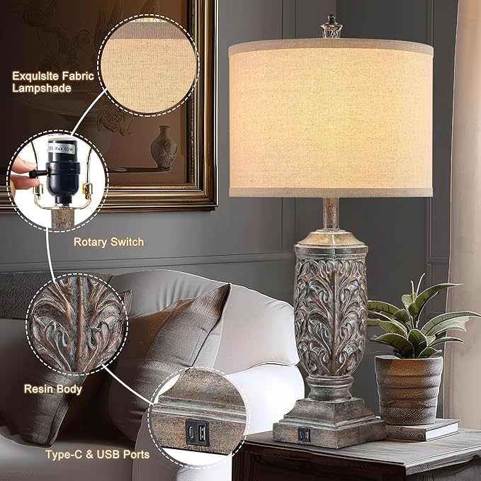 Set of 2 Farmhouse Table Lamps for Living Room, Rustic Vintage Bedside Nightstand Lamp with USB A+C, 28.5" Tall Bronze Leafwork Resin Lamps for Bedroom End Table, Rotary Switch