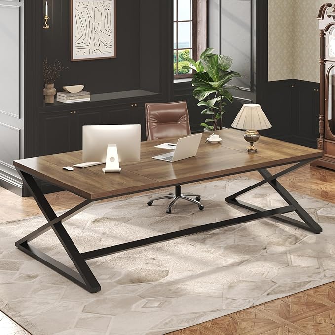 IBF Large Computer Desk, 78.7” Extra Long Home Office Desk, Wood Metal Work Desk for Study Writing, Farmhouse Simple Wide Double PC Gaming Computer Table Executive Workstation in Bedroom, Rustic Oak