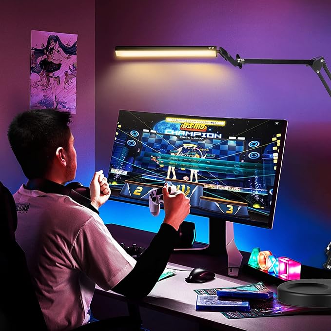 Toolour LED Desk Lamp with Clamp,2-in-1 Clip on Desk Lights with Base,50.7" 3-Section Swing Arm Architect Lamps,Memory Function Desktop Light Bar for Home Office Workbench Reading Craft Drafting