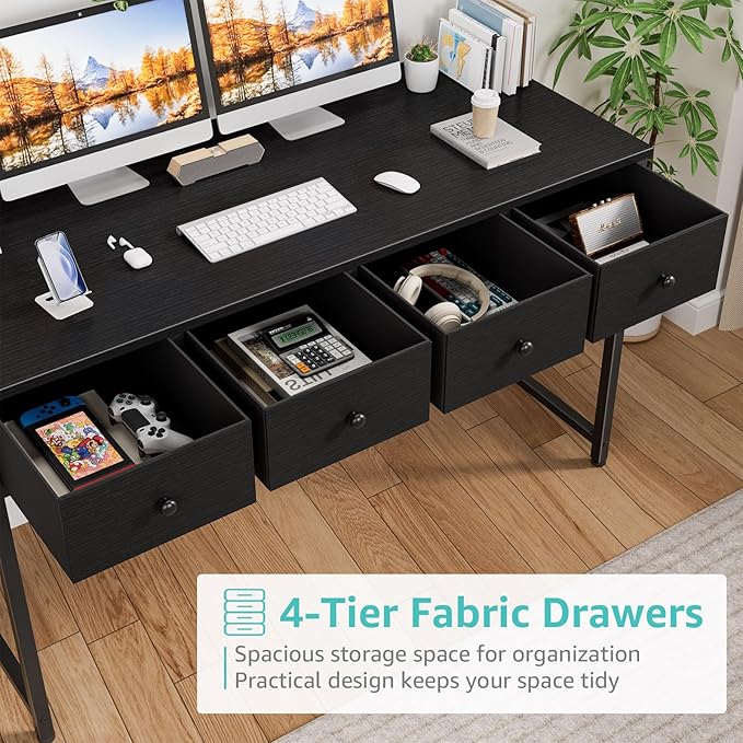 Lufeiya Black Computer Desk with Fabric Drawers for Home Office Bedroom, 47 Inch Vanity Desk with Drawer Storage and Side Pouch, Study Writing Table, Black
