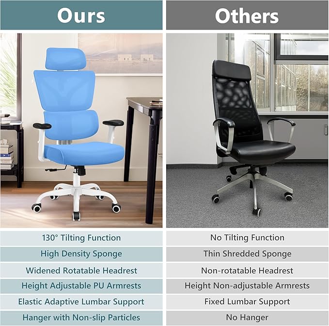 Winrise Office Chair Ergonomic Desk Chair, High Back Gaming Chair, Big and Tall Reclining chair Comfy Home Office Desk Chair Lumbar Support Breathable Mesh Computer Chair Adjustable Armrests(Sky Blue)